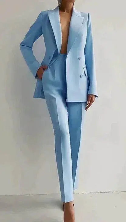 Woman wearing light blue slim-fit suit set with blazer and pants from ZA-Zola
