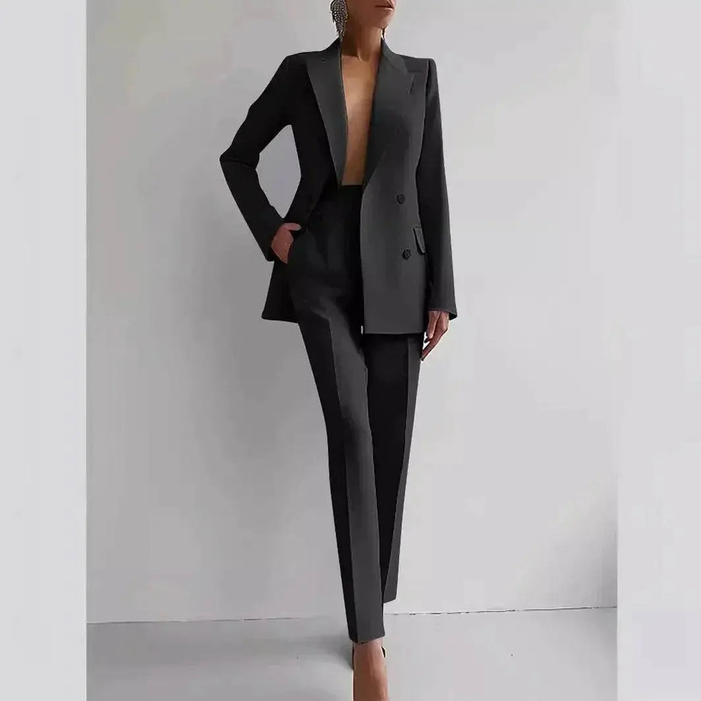 Woman modeling ZA-Zola black women's slim fit suit set with blazer and pants