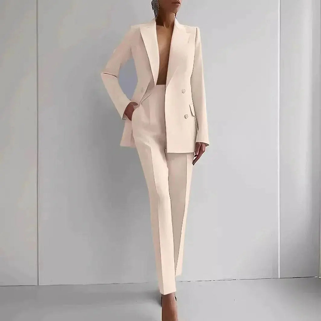 Woman wearing stylish cream blazer and slim pants suit set from ZA-Zola