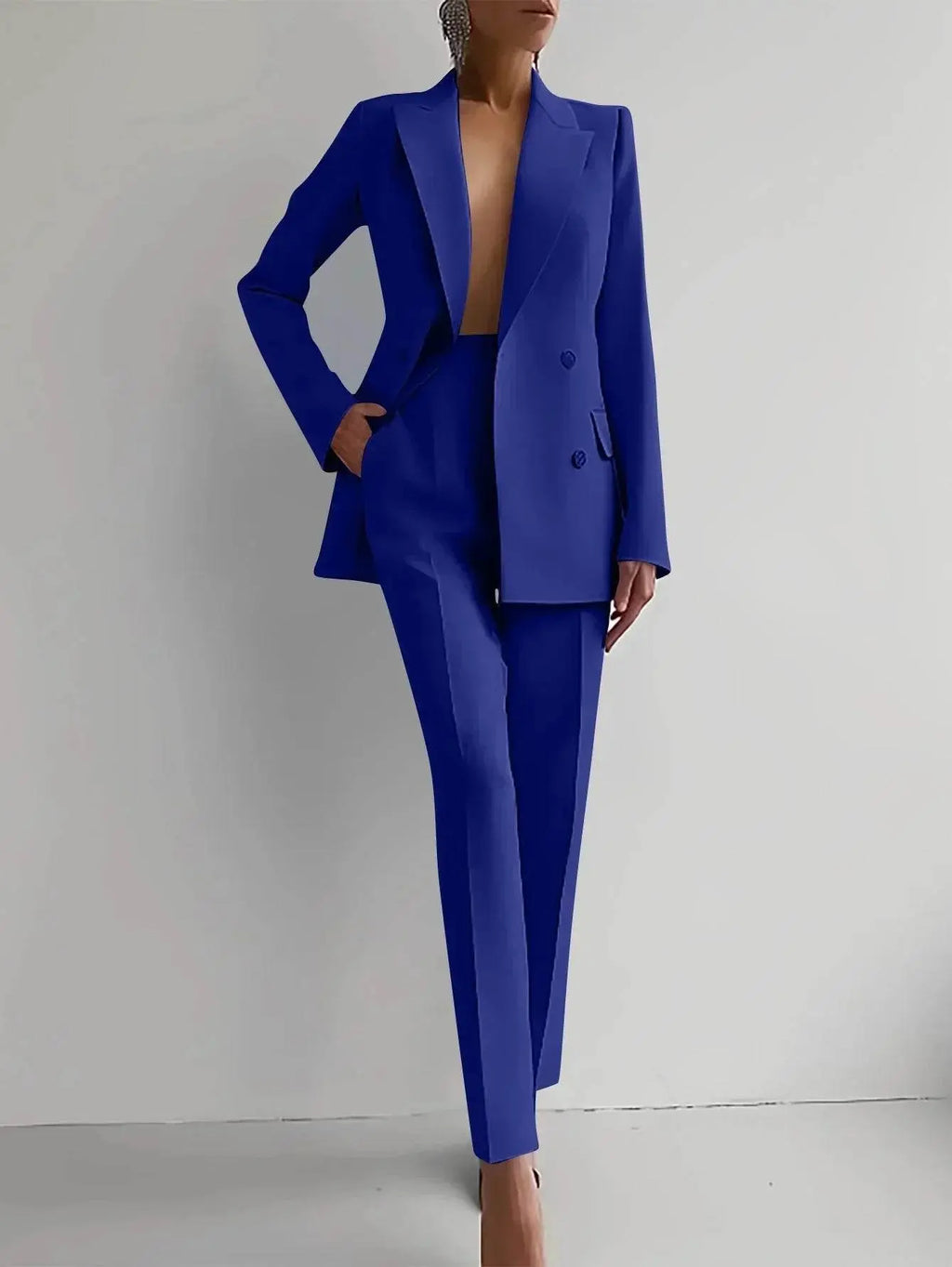 Woman modeling royal blue slim-fit blazer and pants suit set, ZA-Zola fashion apparel