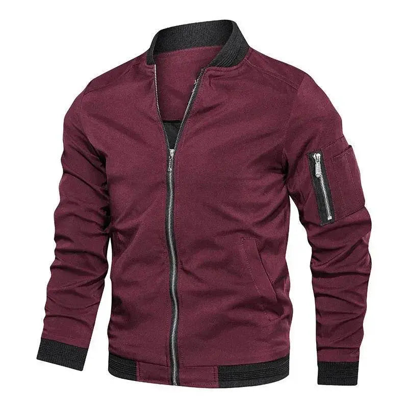 Youth maroon slim fit bomber jacket with zip pockets, wrinkle-resistant, ZA-Zola fashion