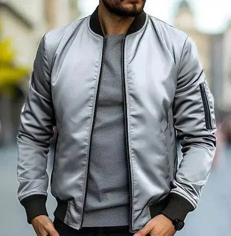 Men’s slim fit silver bomber jacket with black trim, styled casually, ZA-Zola fashion.