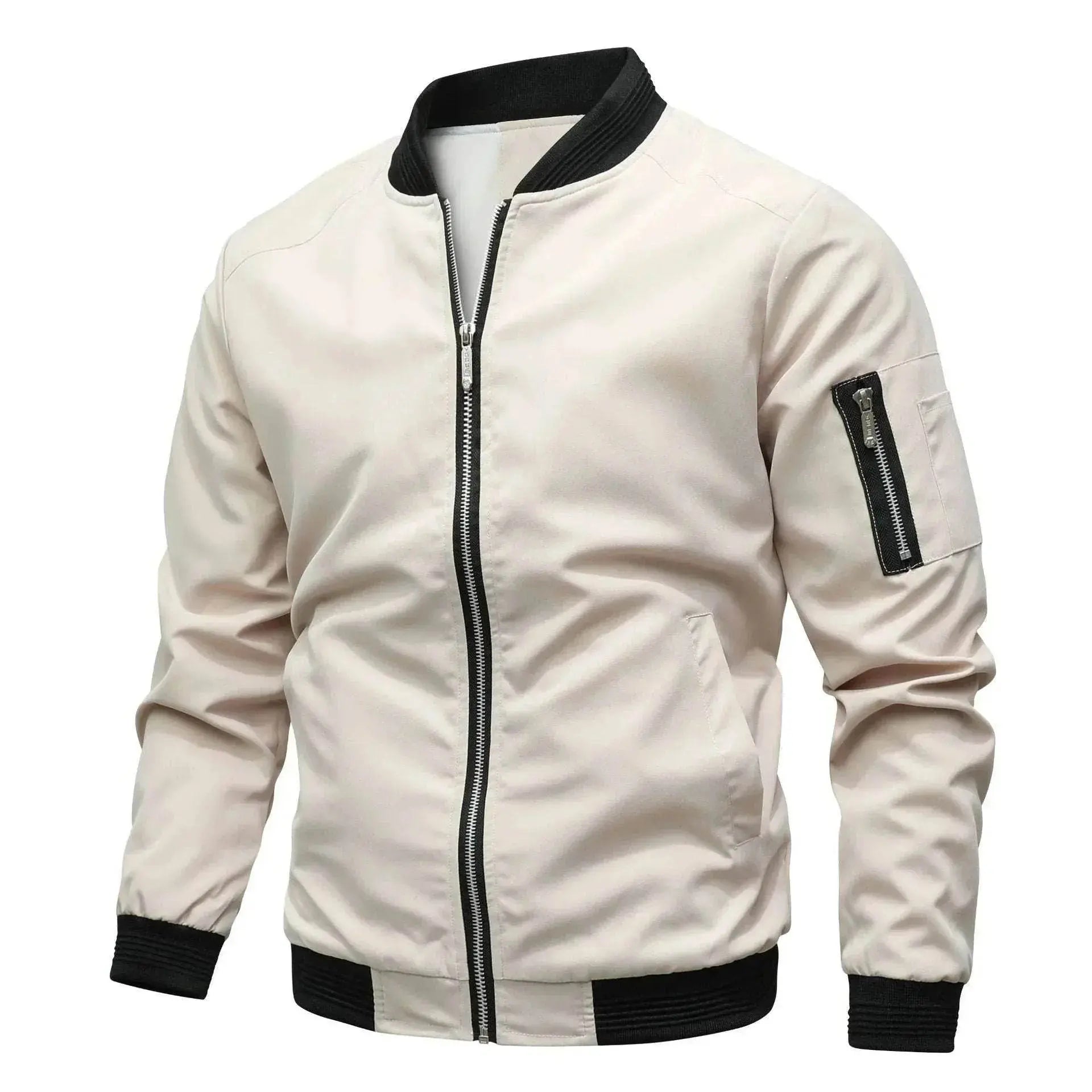 Youth Korean slim-fit wrinkle-resistant bomber jacket in light beige with black trim, ZA-Zola