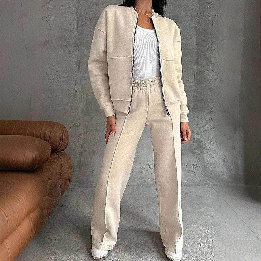 ZA-Zola beige zipper jacket and wide-leg pants 2-piece sport set, stylish loungewear