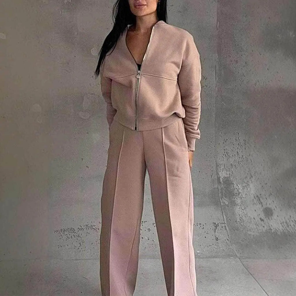 Woman wearing beige zipper jacket and wide leg pants sport set by ZA-Zola