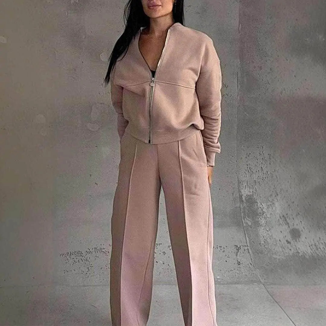 Woman wearing beige zipper jacket and wide leg pants sport set by ZA-Zola