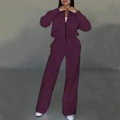 Woman wearing purple zipper jacket and wide-leg pants sport set from ZA-Zola