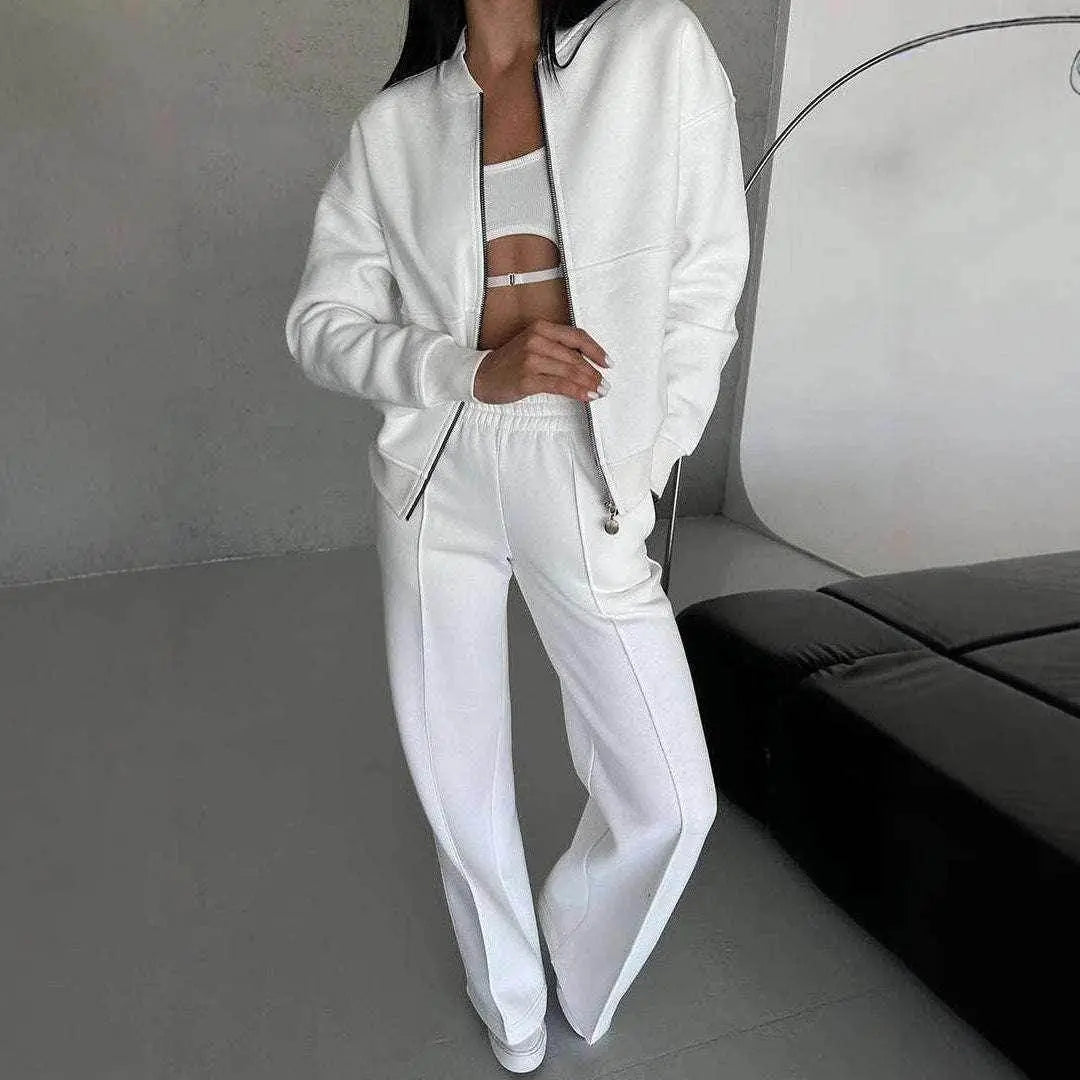 ZA-Zola white zipper jacket and wide-leg pants sport set, modern minimalist style