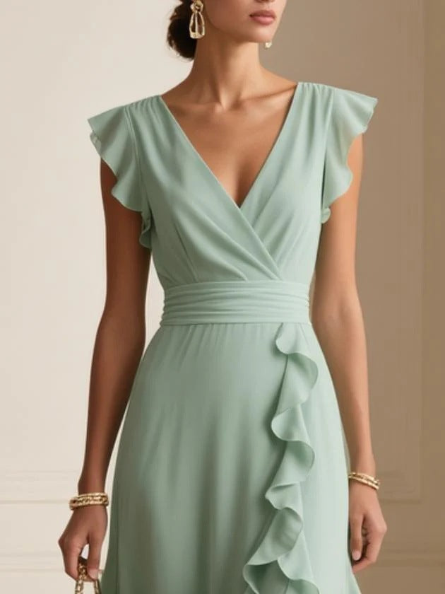 Mint green dress with ruffled sleeves and bottom on a neutral background
