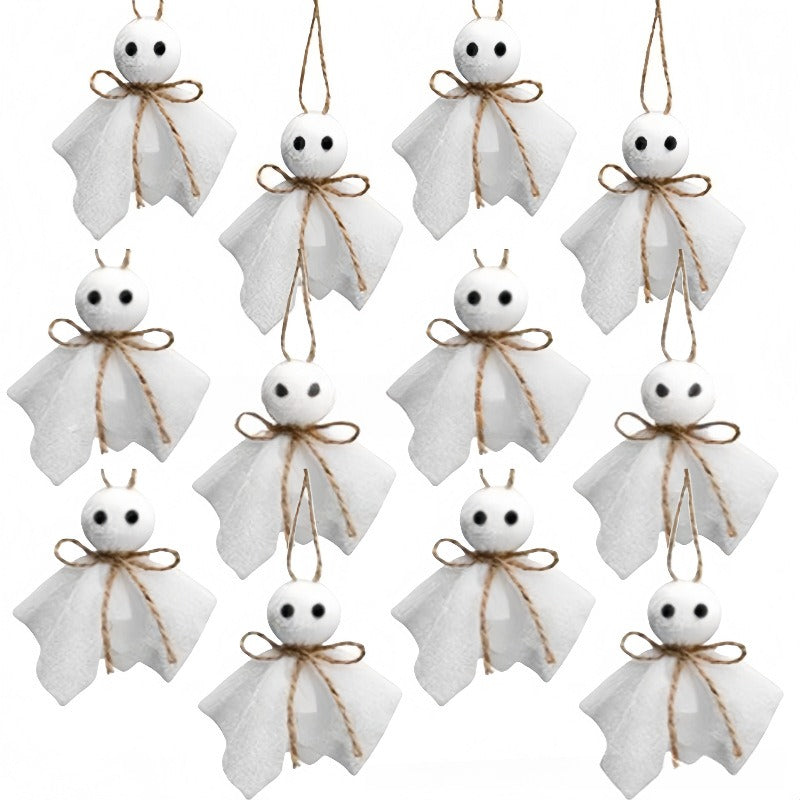 Set of 12 white ghost-shaped hanging ornaments with black bead eyes, white tulle bodies, and brown twine bows, arranged in a grid on a white background.
