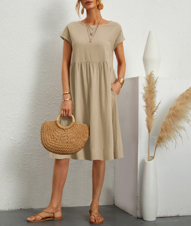 Summer Short Sleeve Round Neck A-Line Dress With Pockets Women Solid Casual Cotton Summer Dress