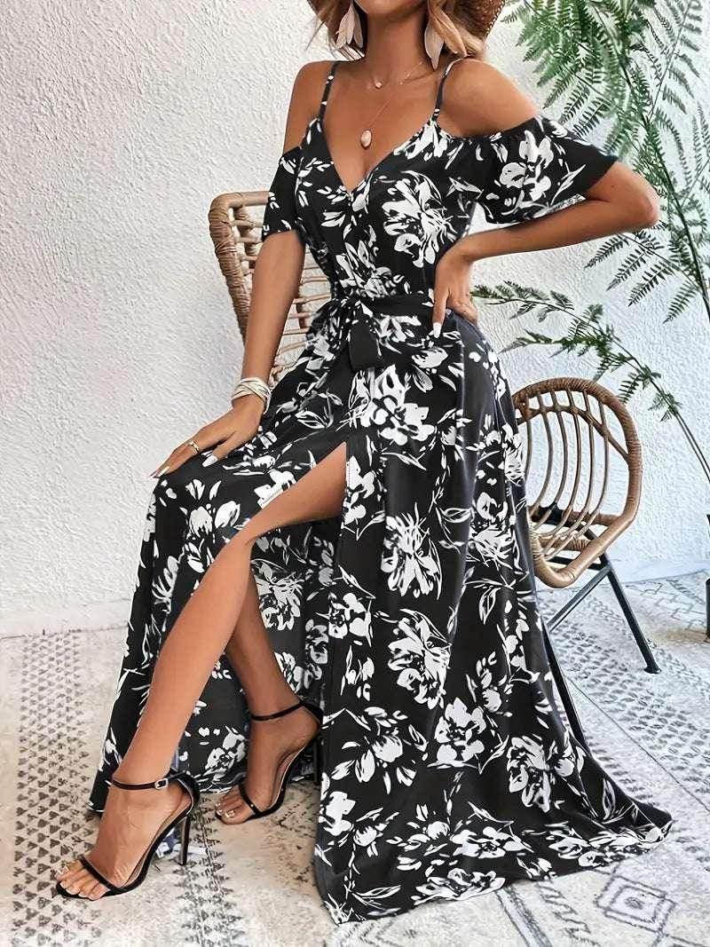 Ins Off-Shoulder Split Dress – Floral Summer Suspender Maxi with Belt - ZA-Zola