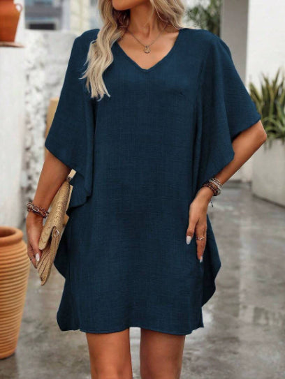 Solid Color Loose Fitting V-Neck Dress with Ruffled Hem – Flowing Mini Pullover Dress