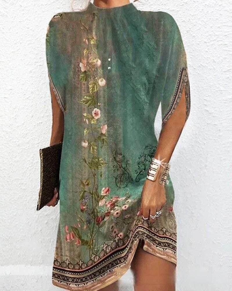 Loose Batwing Sleeve Printed Summer Dress - ZA-Zola