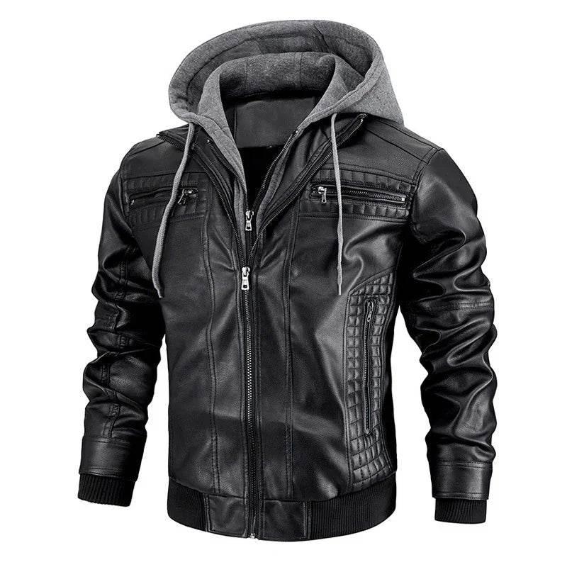 Men's Hooded PU Leather Jacket with Zipper Pockets - ZA-Zola