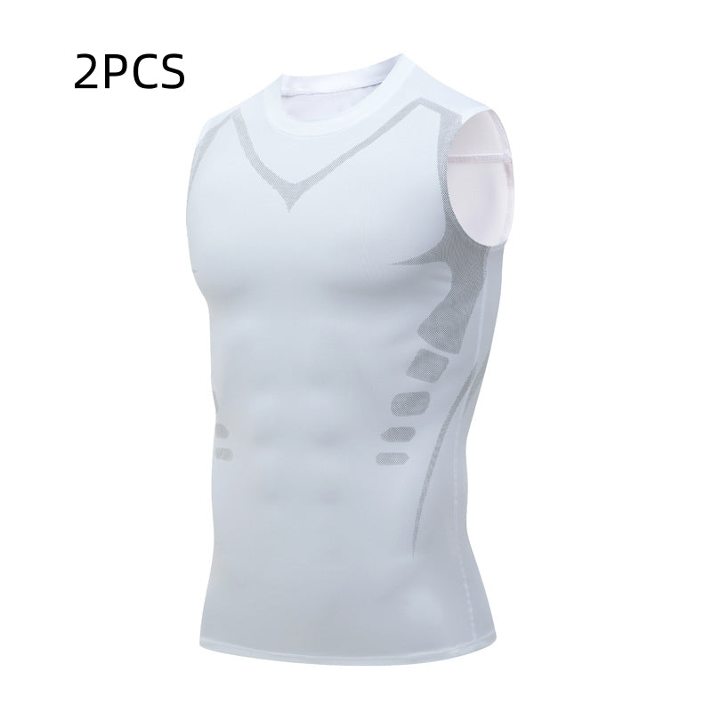 White sleeveless athletic top with mesh panels on a white background