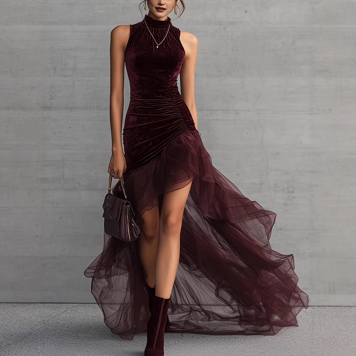 Woman wearing a burgundy velvet and tulle dress against a gray concrete wall.