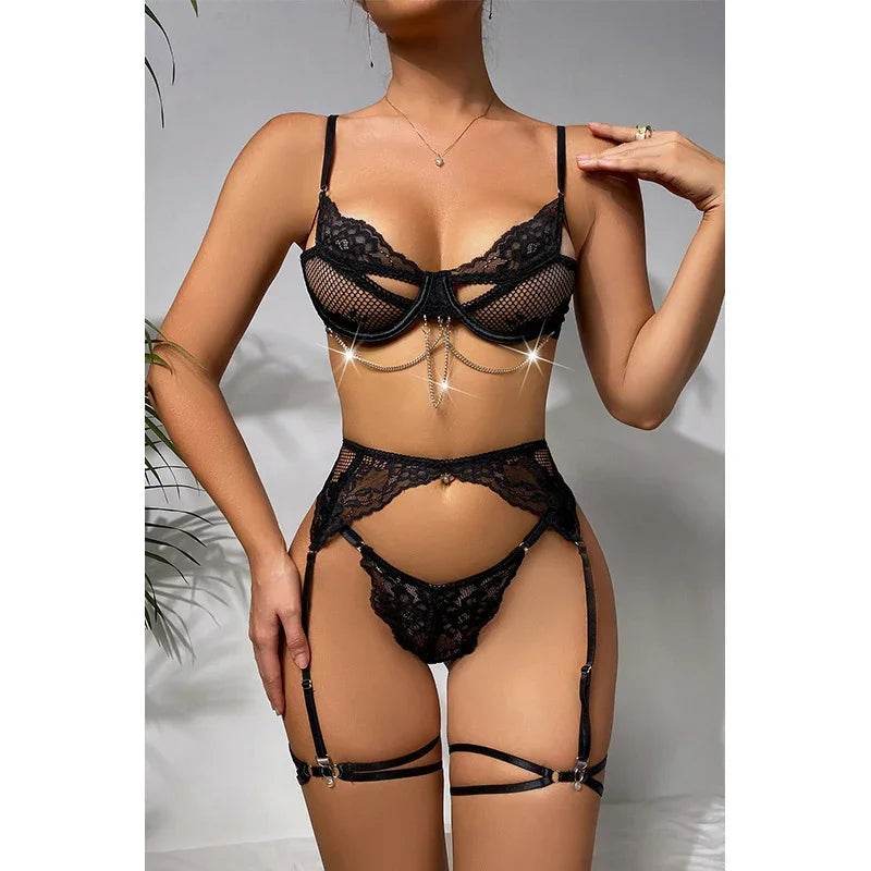 Lace Mesh Bra Underwear Adjustment T-back Suit – Black & Green - ZA-Zola