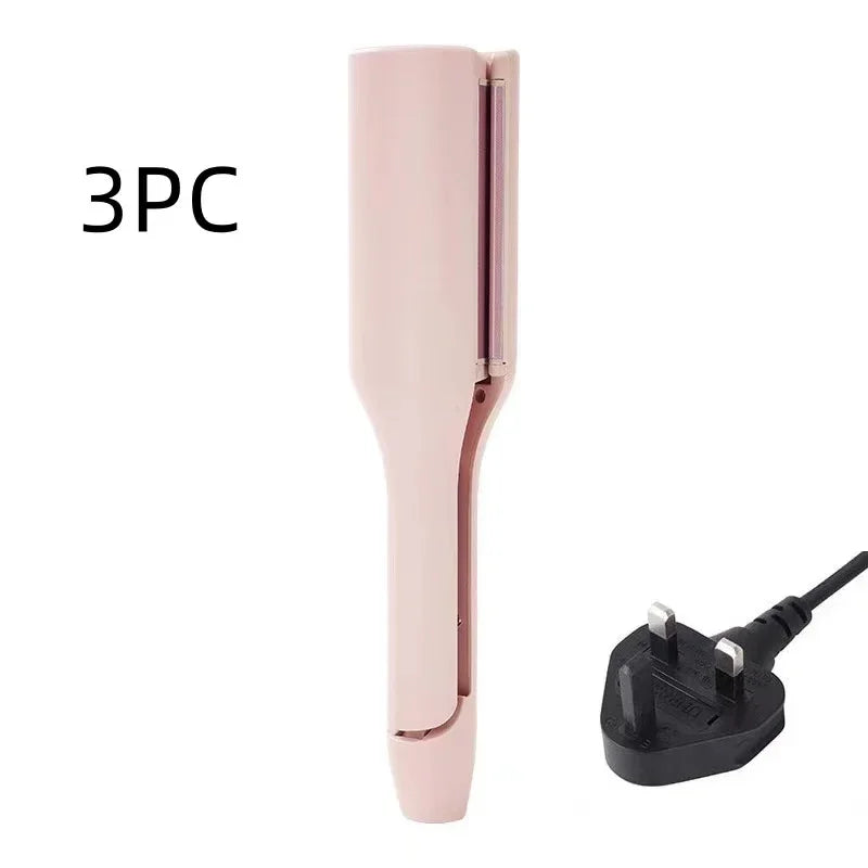 Pink electric hair straightener with UK plug, minimalist design, text '3PC' on white background