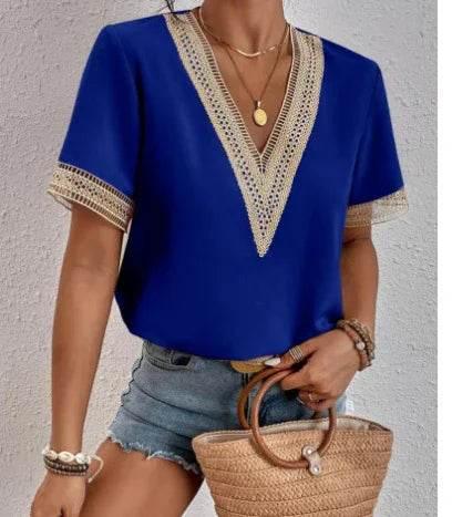 V-Neck Lace Patchwork Loose Commuter Top - ZA-Zola