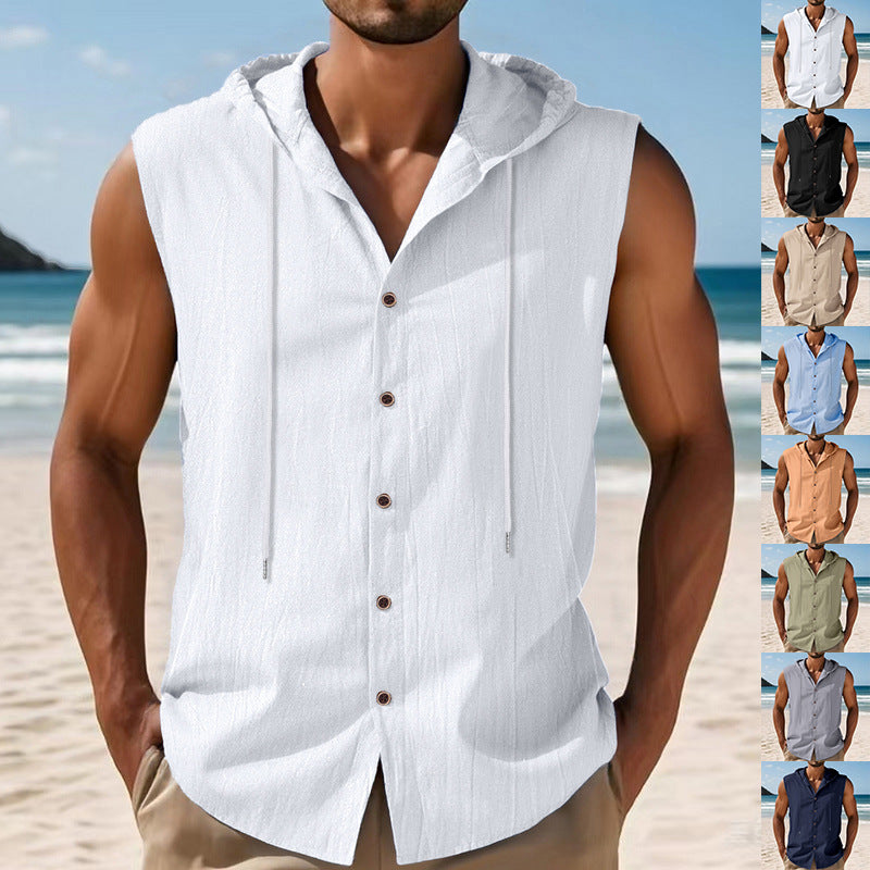 Man wearing a white sleeveless button-up shirt on a beach with additional images of the shirt in different colors.