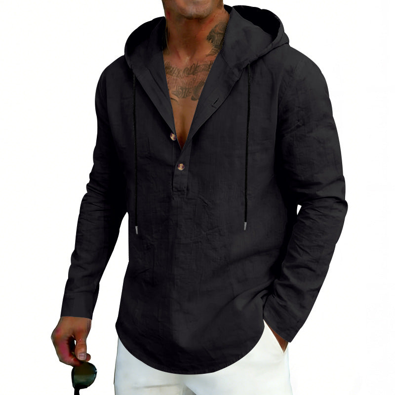 Man wearing a black hooded jacket on a white background