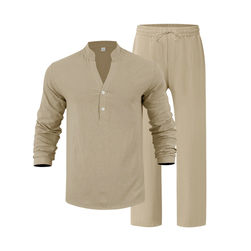 Beige long-sleeve shirt and pants set on a white background