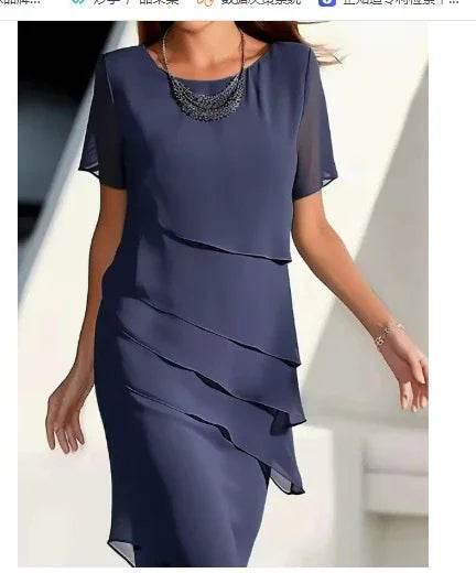 Chiffon Patchwork Round Neck Short Sleeve Dress - ZA-Zola