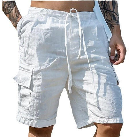 White cargo shorts with a drawstring on a white background