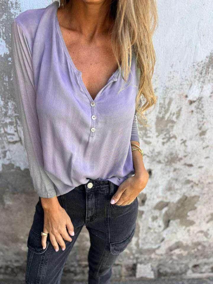 V-Neck Slim Fit Solid Color Long Sleeve Top - ZA-Zola