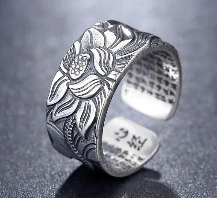 Thai Silver Black Lotus Heart Sutra Ring - ZA-Zola