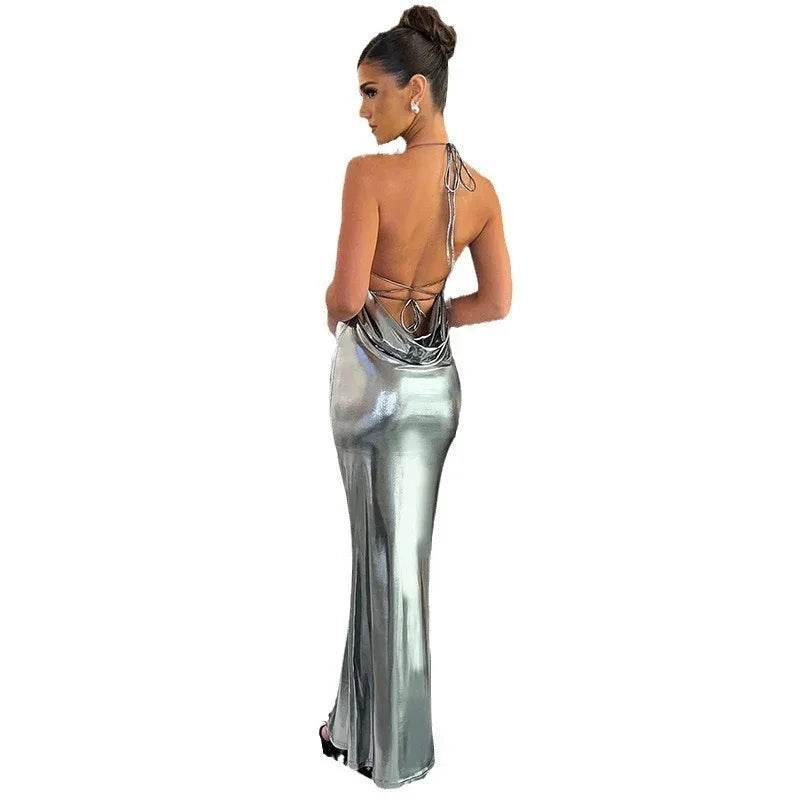 Glossy Metallic Halter Dress – Bold & Backless - ZA-Zola