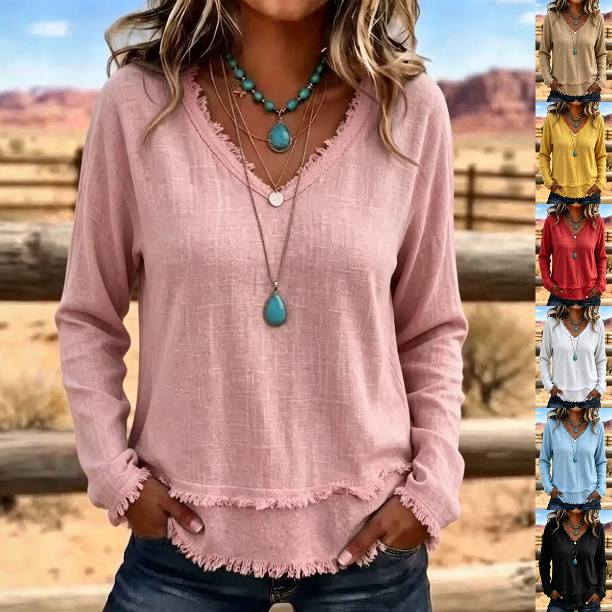 A woman wearing a light pink long-sleeve V-neck top with frayed edges and layered necklaces, standing outdoors in a desert landscape. A vertical strip on the right shows the top in multiple color options including beige, yellow, red, white, light blue, and black.