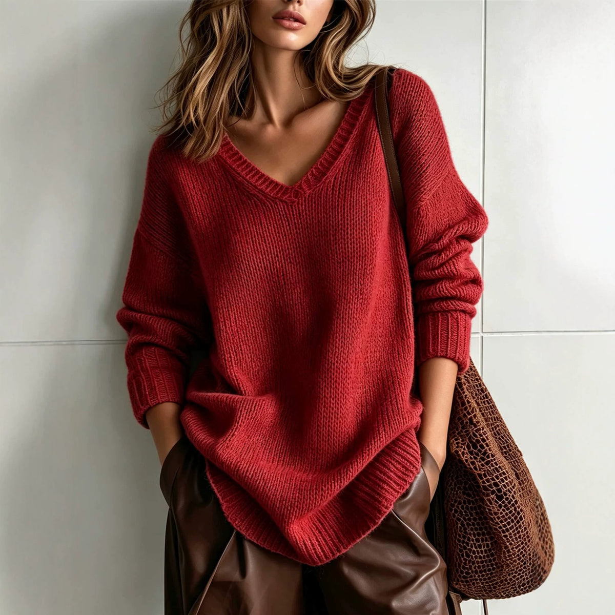 A woman wearing an oversized red knit V-neck sweater with long sleeves, paired with brown leather pants and carrying a brown woven shoulder bag, standing against a light gray tiled wall.