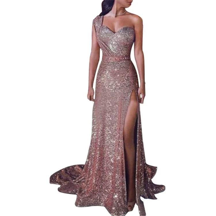One-Shoulder Bronzing Split Dress – Elegant & Chic - ZA-Zola
