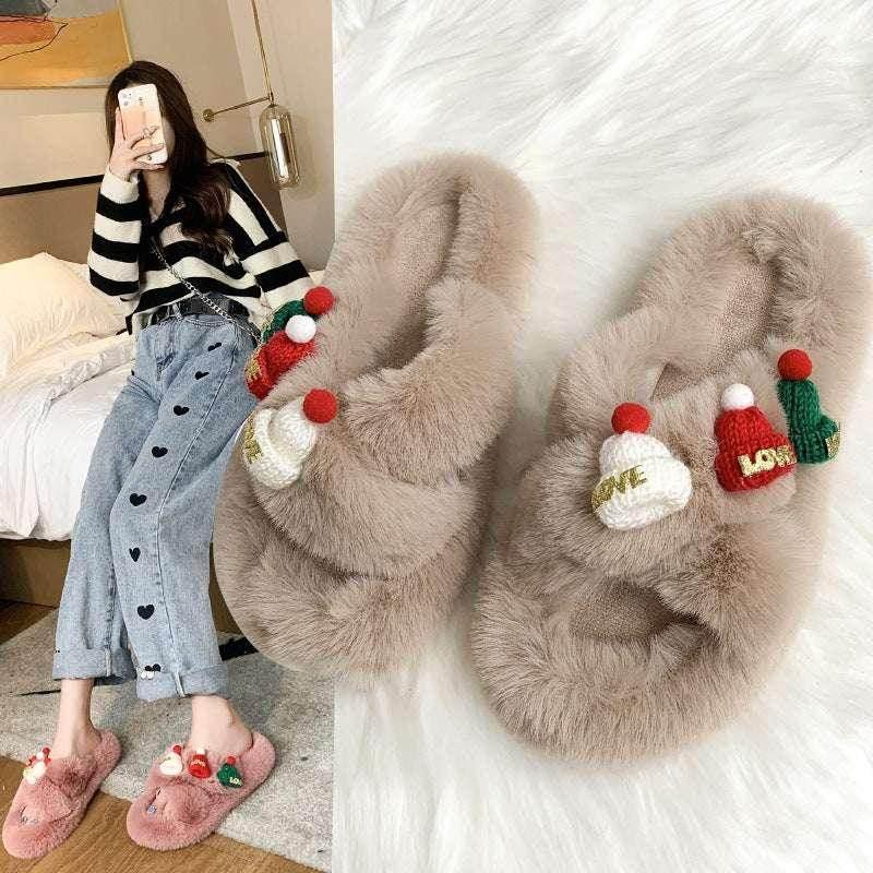 Christmas Hat Fluffy Slippers – Warm & Cute for Her - ZA-Zola