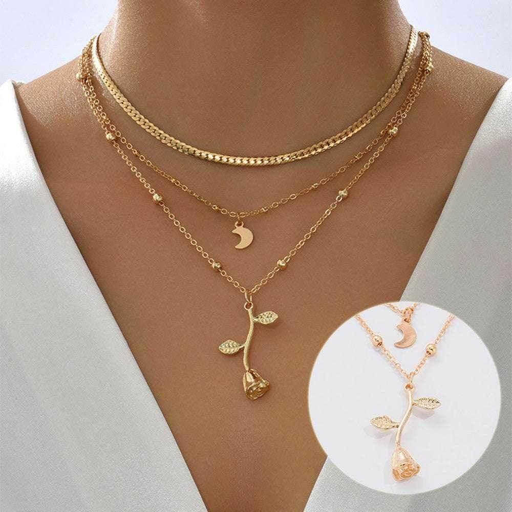 Bohemian Gold Rose Moon Layered Pendant Necklace - ZA-Zola