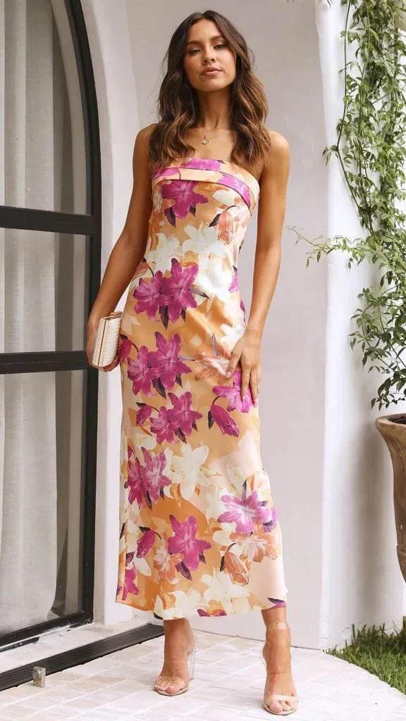 Summer Tube Top Long Dress with Backless Floral Print - ZA-Zola
