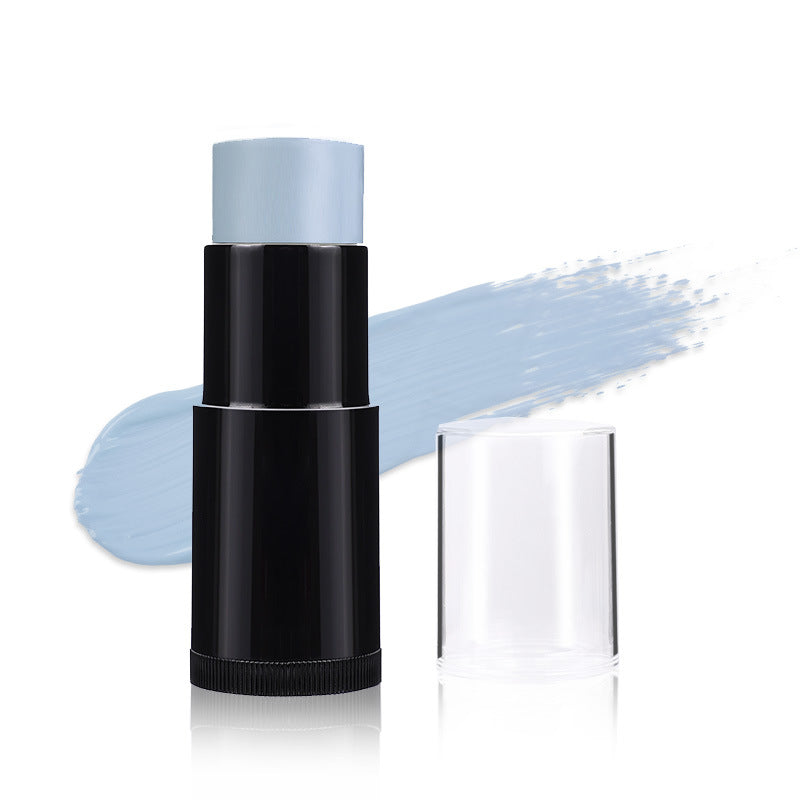 Black cosmetic stick with a light blue cap on a white background