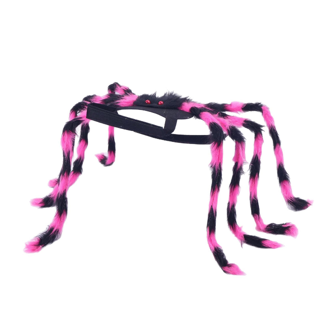 A black pet harness with eight long, fluffy faux-fur legs in a pink and black striped pattern, featuring small red eyes on the chest.