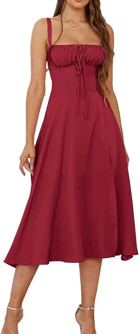 Elegant Lace-Up Mid Dress with Corset & Side Slit - ZA-Zola