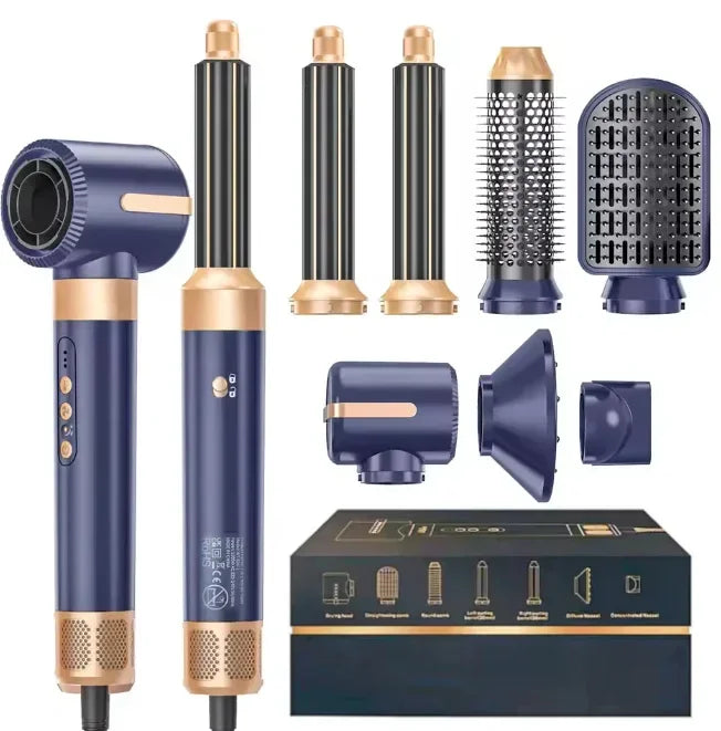Blue and gold multi-functional hair styling set with attachments and packaging.