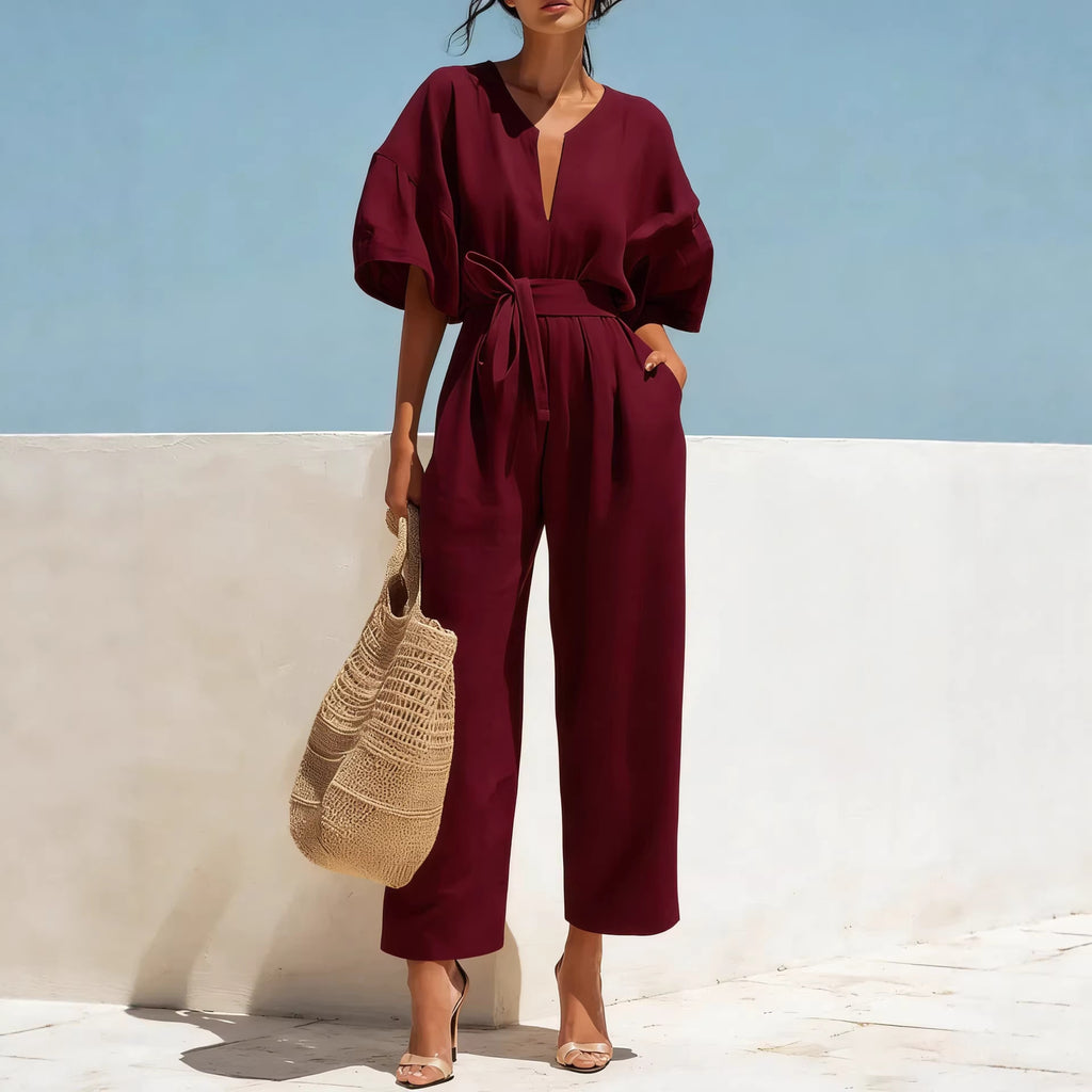 Fashionable V-Neck Cotton Linen Jumpsuit for Women – Solid Color Wide Leg