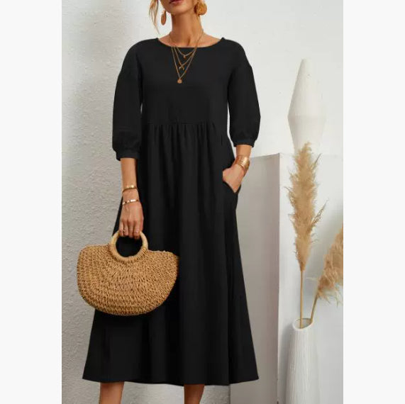 Summer Short Sleeve Round Neck A-Line Dress With Pockets Women Solid Casual Cotton Summer Dress