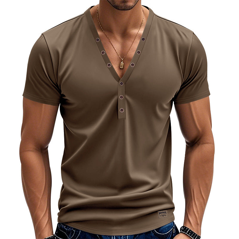 Brown short-sleeve henley shirt worn by a person on a white background