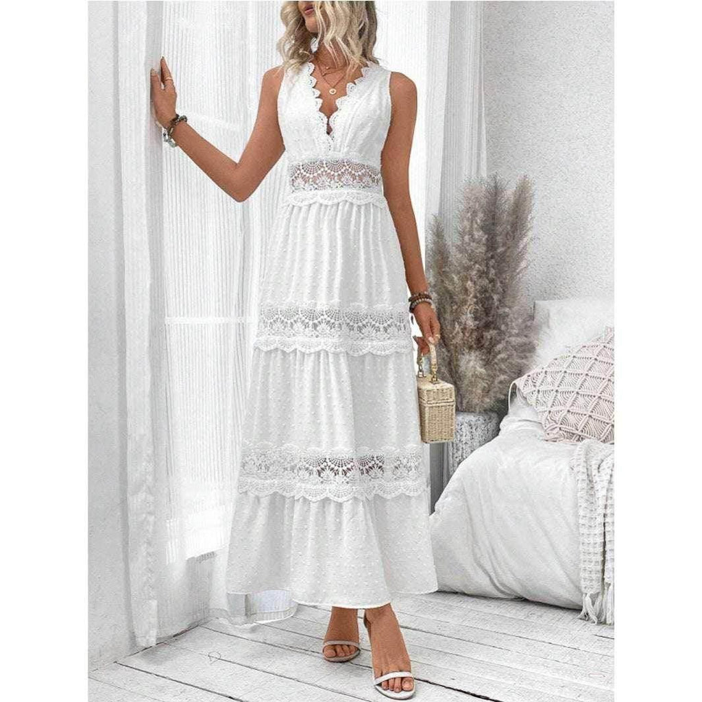 Lace V-Neck Sleeveless Long Summer Dress – White - ZA-Zola