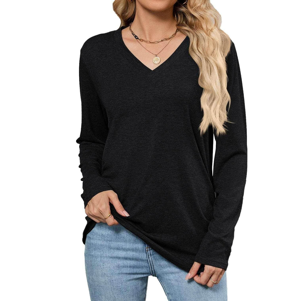 Loose V-Neck Pullover Long Sleeve T-Shirt - ZA-Zola