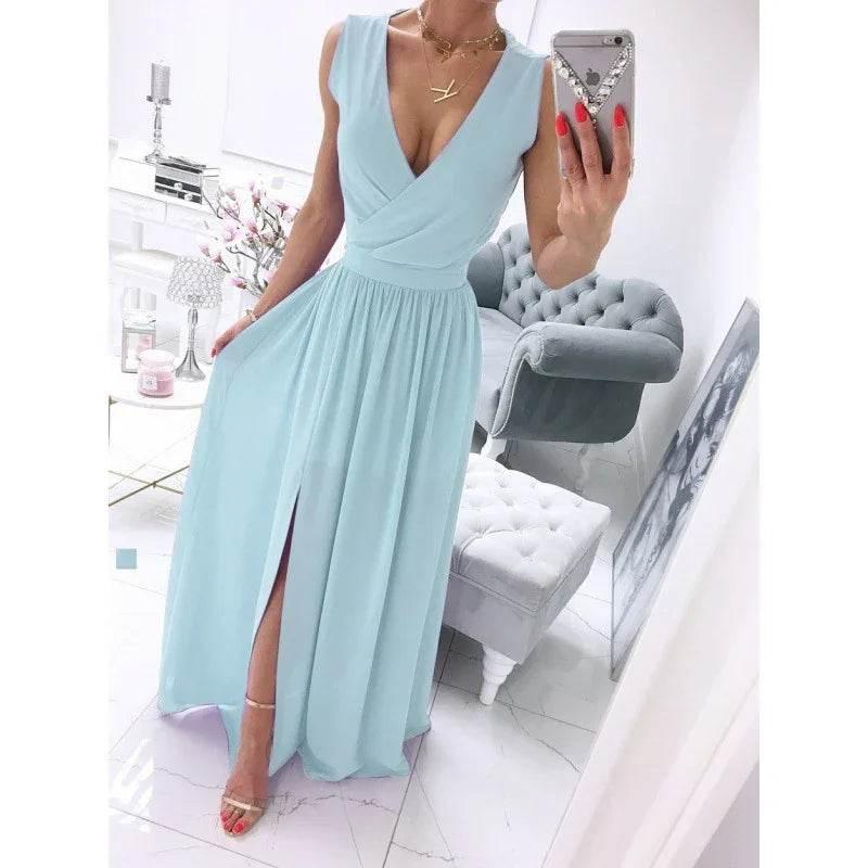 Women's Summer V-Neck Sleeveless Front-Slit Long Dress (S–2XL) - ZA-Zola