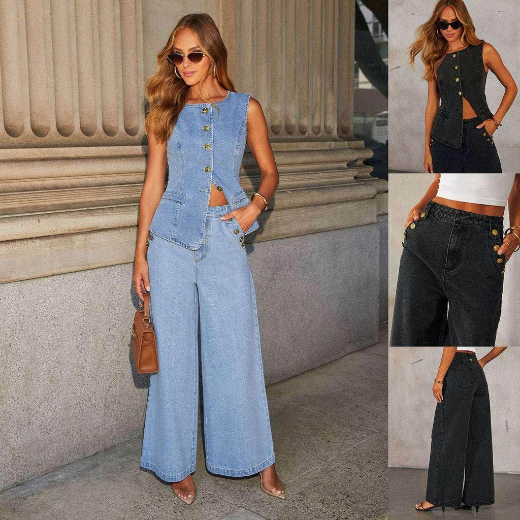 Woman in chic sleeveless denim vest and wide-leg jeans, ZA-Zola fashion outfit in blue and black.