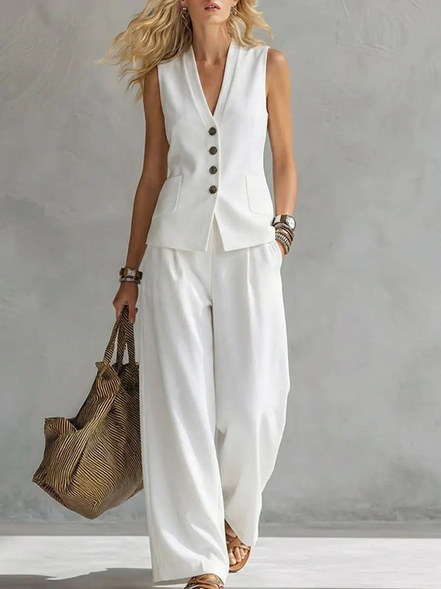 V Neck Sleeveless Linen Pants Set | Summer